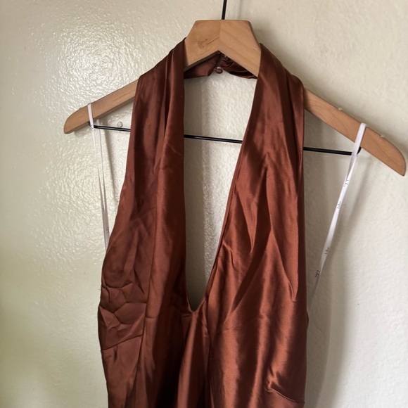 Lulus | Beyond Classy Brown Satin Halter Mini Dress - Picture 3 of 8
